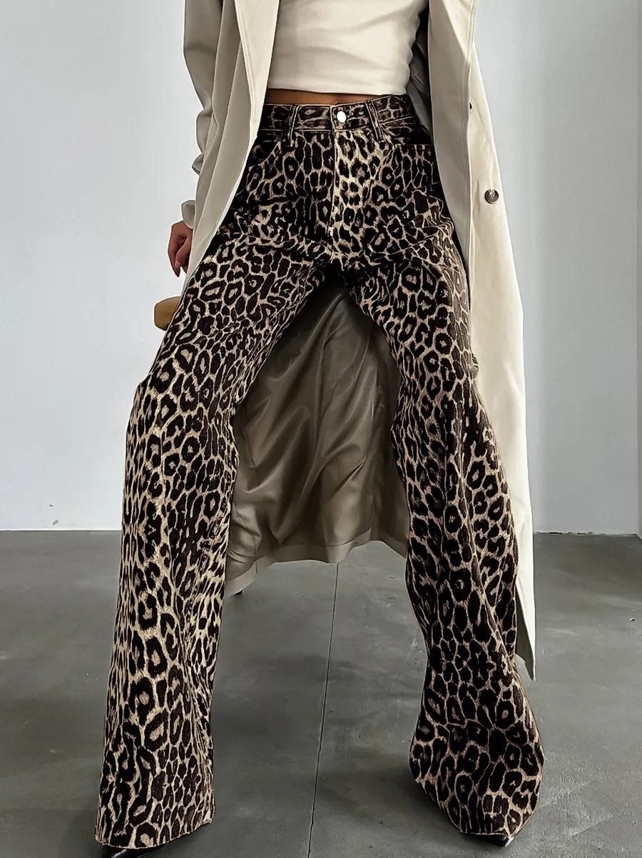 Women Fashion Retro Leopard Print Low Waist Wide Leg Pants