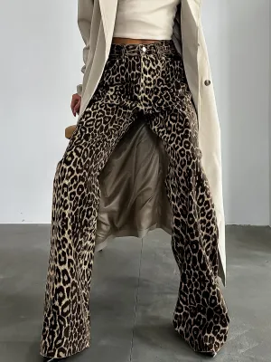 Women Fashion Retro Leopard Print Low Waist Wide Leg Pants