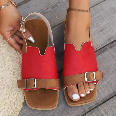 Summer Women Vintage Plus Size Square Toe Flat Sandals With Buckle