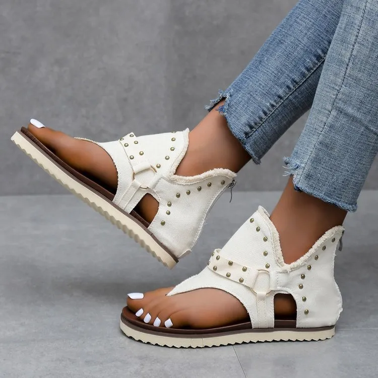 Summer Women Canvas Studded Pointed Toe Thong Sandals Plus Size