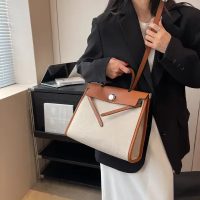 Women Fashion Retro Large Capacity Square Handle Canvas Shoulder Kelly Bag