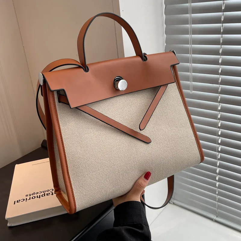 Women Fashion Retro Large Capacity Square Handle Canvas Shoulder Kelly Bag