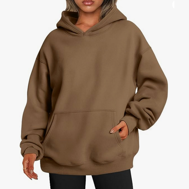 Tシャツ・カットソー ^LEATHERY^ Finger hole slim fit hoodie KHAKI BROWN LRTS4351K Wholesale Women Casual Solid Color Loose Hoodie