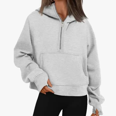 Women Casual Solid Color Zipper Loose Hoodie