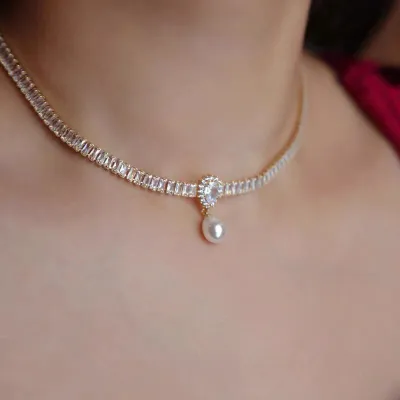 Women Fashion Baroque Water Drop Pearl Rhinestone Necklace