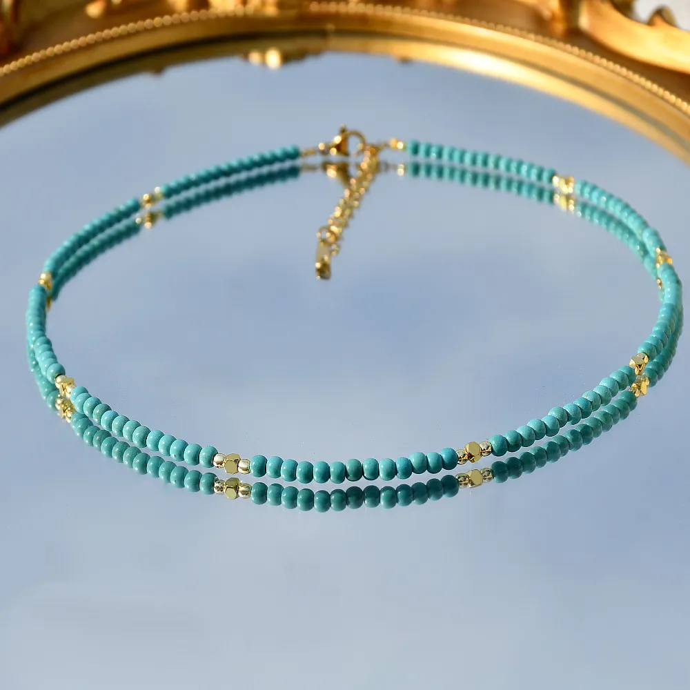 Women's Fashion Turquoise Beaded Ball Chain Geometric Necklace