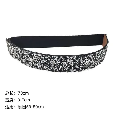 Women Fashion Full Diamond Elastic Wide Belt with Alloy Buckle