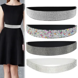 Women Fashion Full Diamond Elastic Wide Belt with Alloy Buckle