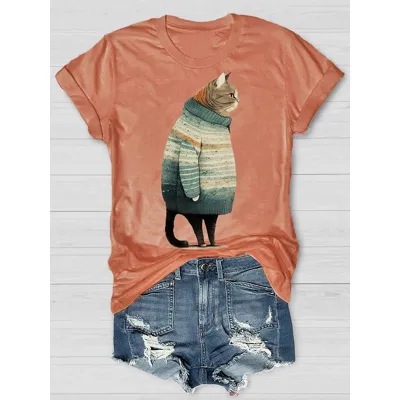 Christmas Women Cartoon Santa Claus Printed Round Short Sleeve T-Shirt