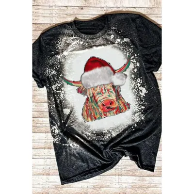 Christmas Women Cartoon Santa Claus Printed Round Short Sleeve T-Shirt