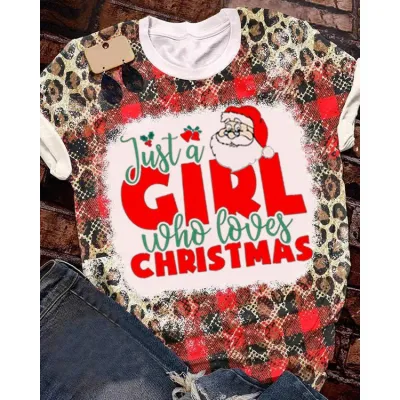 Christmas Women Cartoon Santa Claus Printed Round Short Sleeve T-Shirt