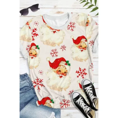 Christmas Women Cartoon Santa Claus Printed Round Short Sleeve T-Shirt