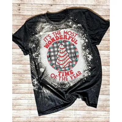 Christmas Women Cartoon Santa Claus Printed Round Short Sleeve T-Shirt