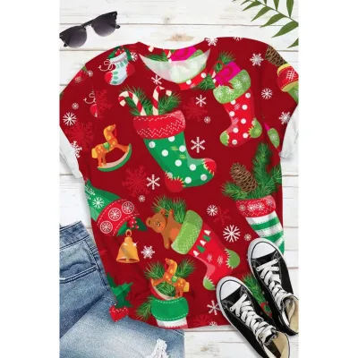 Christmas Women Cartoon Santa Claus Printed Round Short Sleeve T-Shirt