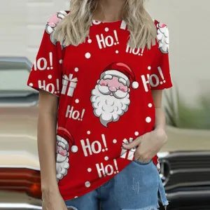 Christmas Women Cartoon Santa Claus Printed Round Short Sleeve T-Shirt