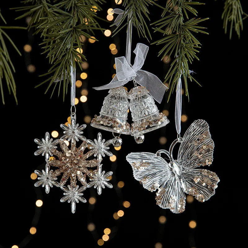 Christmas Cartoon Sequins Acrylic Transparent Snowflake Elk Tree Pendant Decoration