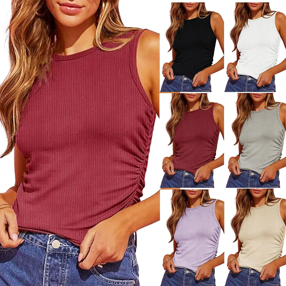 Spring Women Sleeveless Rib-Knit Slim Fit Side Pleated Solid Color Tank Top