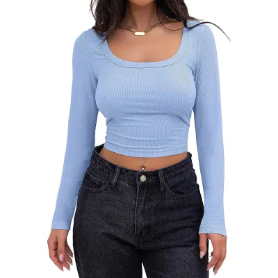 Women Rib-Knit Slim-Fit Long-Sleeved Square Collar Crop T-Shirt