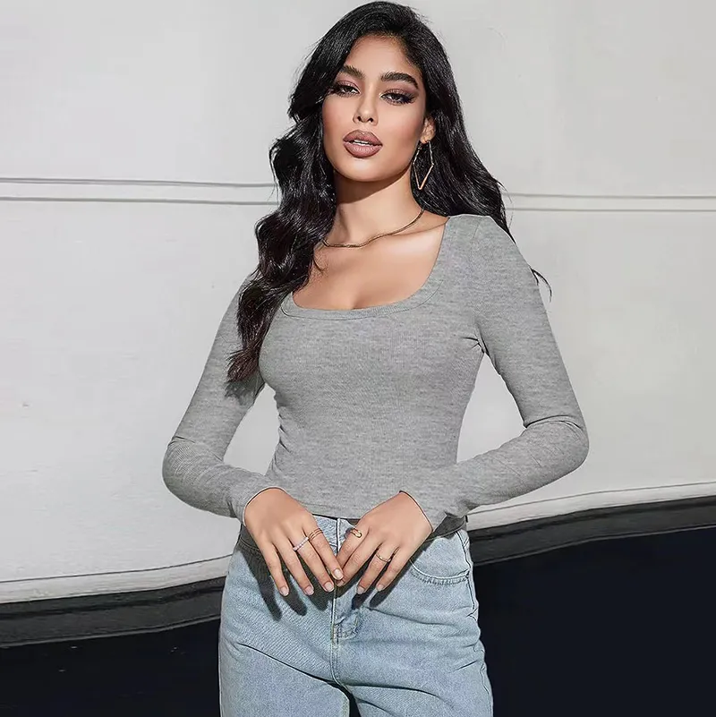 Women Rib-Knit Slim-Fit Long-Sleeved Square Collar Crop T-Shirt