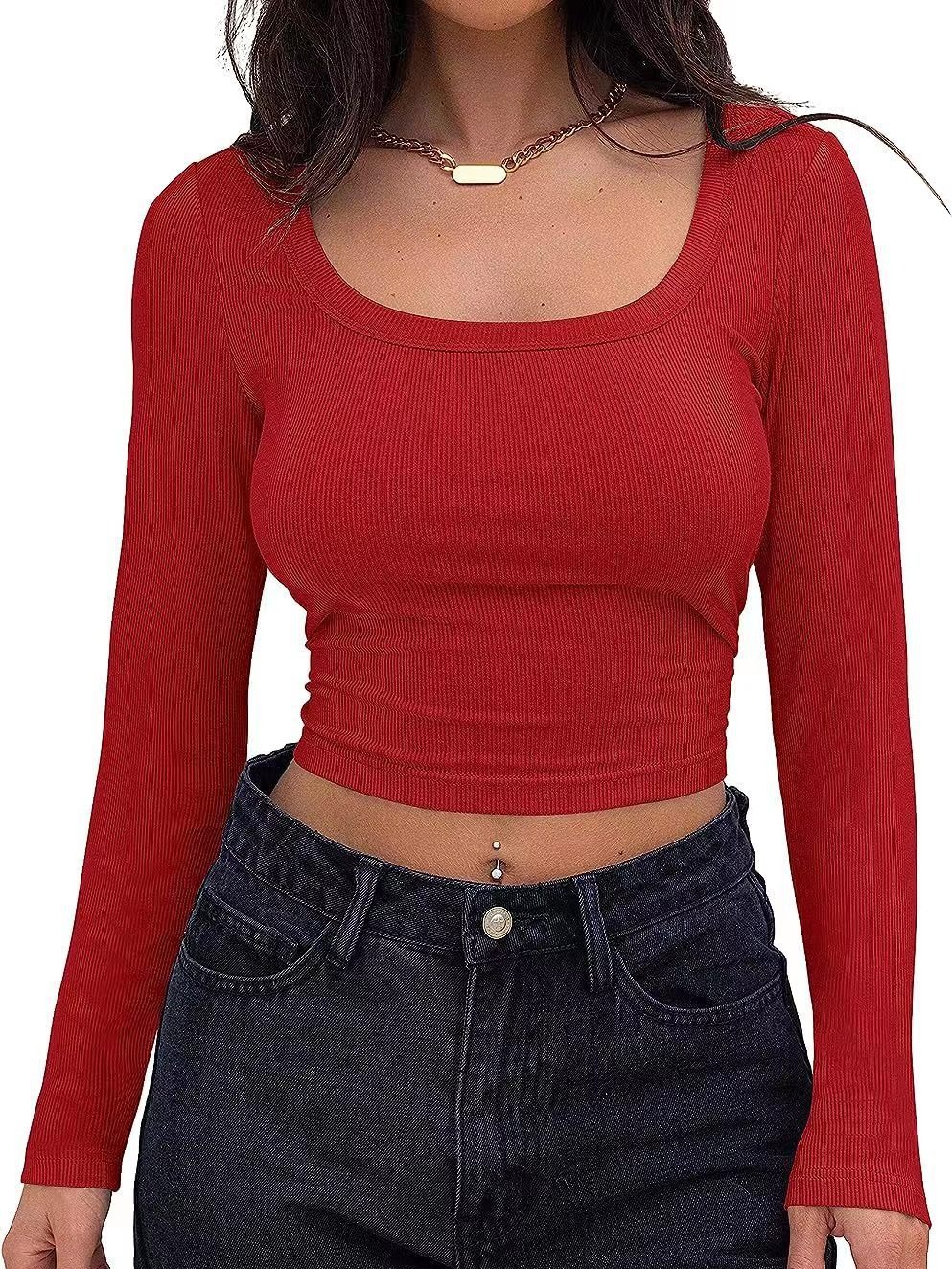 Wholesale Women Rib-Knit Slim-Fit Long-Sleeved Square Collar