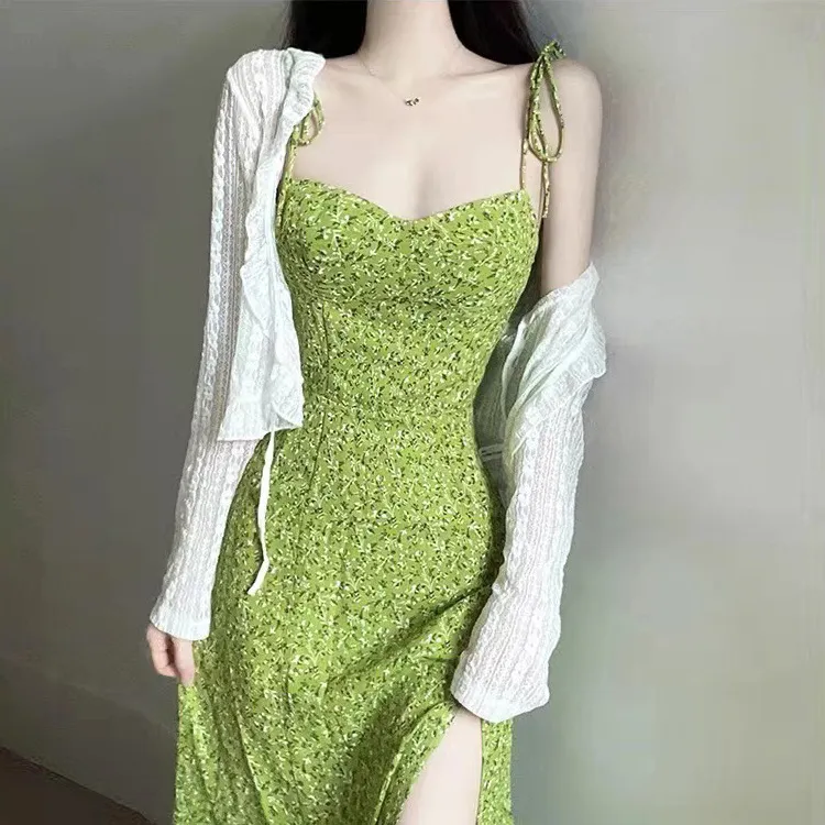 Tight Waist Summer Women Petite Vacation Green Flower Sundress