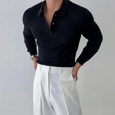 Men Fashion Casual Stripe Solid Color Long Sleeve Lapel Polo Sweater Shirt