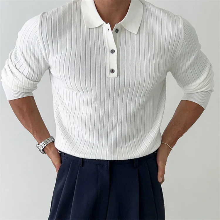 Men Fashion Casual Stripe Solid Color Long Sleeve Lapel Polo Sweater Shirt