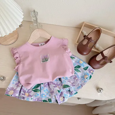 Kids Toddler Girls Casual Cute Cartoon Print Sleeveless T-Shirt Tiny Flower Shorts Set