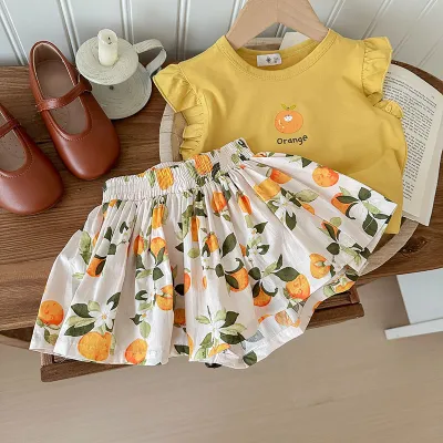 Kids Toddler Girls Casual Cute Cartoon Print Sleeveless T-Shirt Tiny Flower Shorts Set