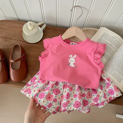 Kids Toddler Girls Casual Cute Cartoon Print Sleeveless T-Shirt Tiny Flower Shorts Set