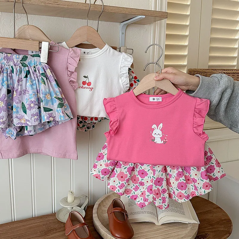 Kids Toddler Girls Casual Cute Cartoon Print Sleeveless T-Shirt Tiny Flower Shorts Set