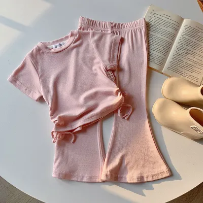 Kids Toddler Girls Casual Cute Basic Solid Color Short-Sleeved T-Shirt and Flare Trousers Set