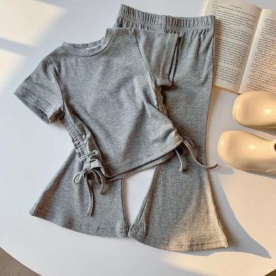 Kids Toddler Girls Casual Cute Basic Solid Color Short-Sleeved T-Shirt and Flare Trousers Set