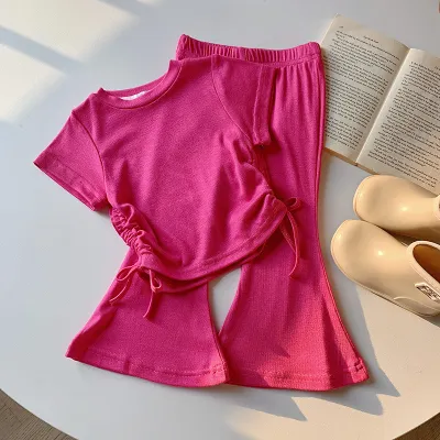 Kids Toddler Girls Casual Cute Basic Solid Color Short-Sleeved T-Shirt and Flare Trousers Set