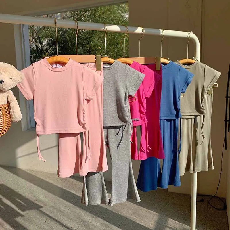 Kids Toddler Girls Casual Cute Basic Solid Color Short-Sleeved T-Shirt and Flare Trousers Set