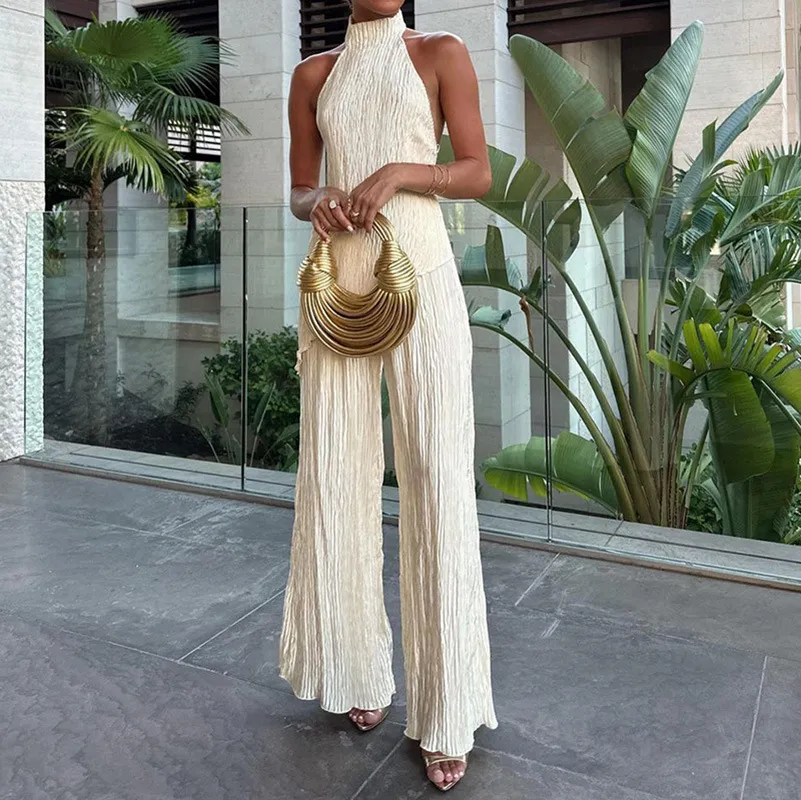 Women Fashion Irregular Creased Sleeveless Top Wide Leg Pants Two-Piece Set