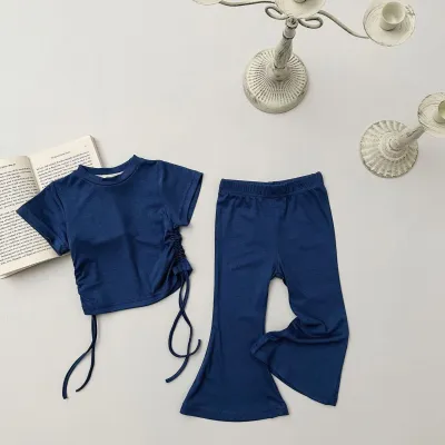 Kids Toddler Girls Casual Basic Solid Color Short-Sleeved T-Shirt Flare Trousers Set