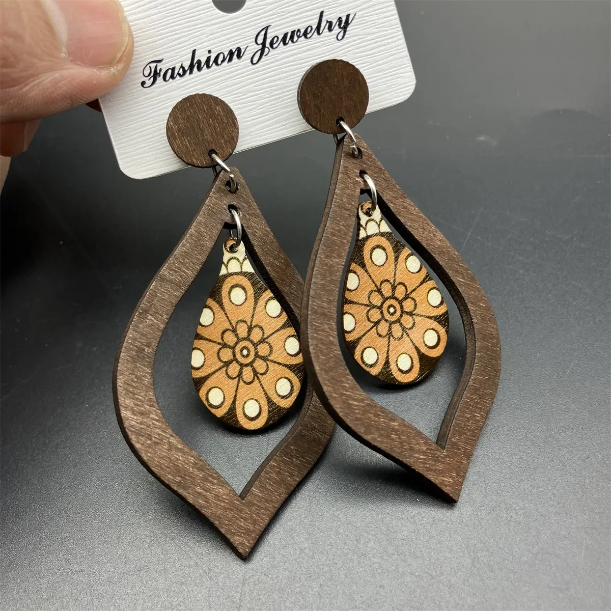 Bohemian Women Vintage Wood Leaf Drop Earrings