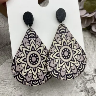 Boho Vintage Multicolor Print Water Drop Wooden Drop Earrings