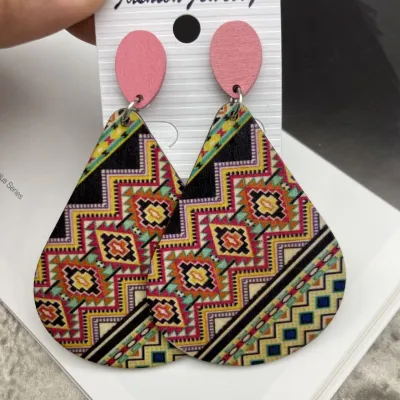 Boho Vintage Multicolor Print Water Drop Wooden Drop Earrings