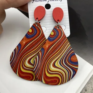 Boho Vintage Multicolor Print Water Drop Wooden Drop Earrings