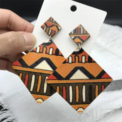 Bohemian Vintage Multicolor Print Wood Earrings
