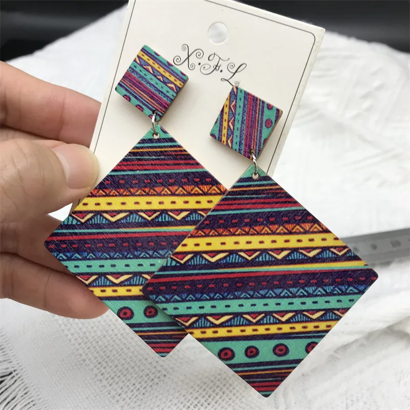 Bohemian Vintage Multicolor Print Wood Earrings