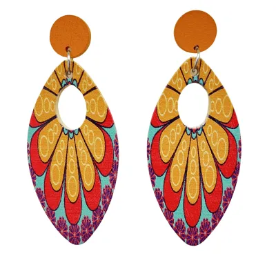 Bohemian Women Vintage Geometric Wood Multicolor Print Earrings