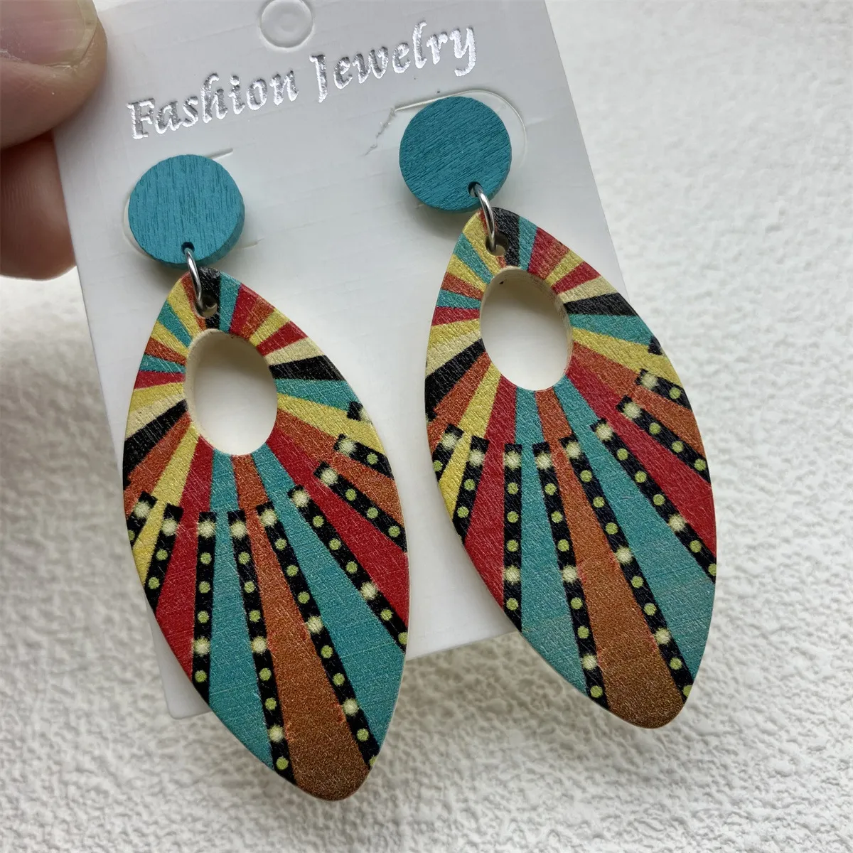 Bohemian Women Vintage Geometric Wood Multicolor Print Earrings