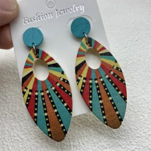 Bohemian Women Vintage Geometric Wood Multicolor Print Earrings