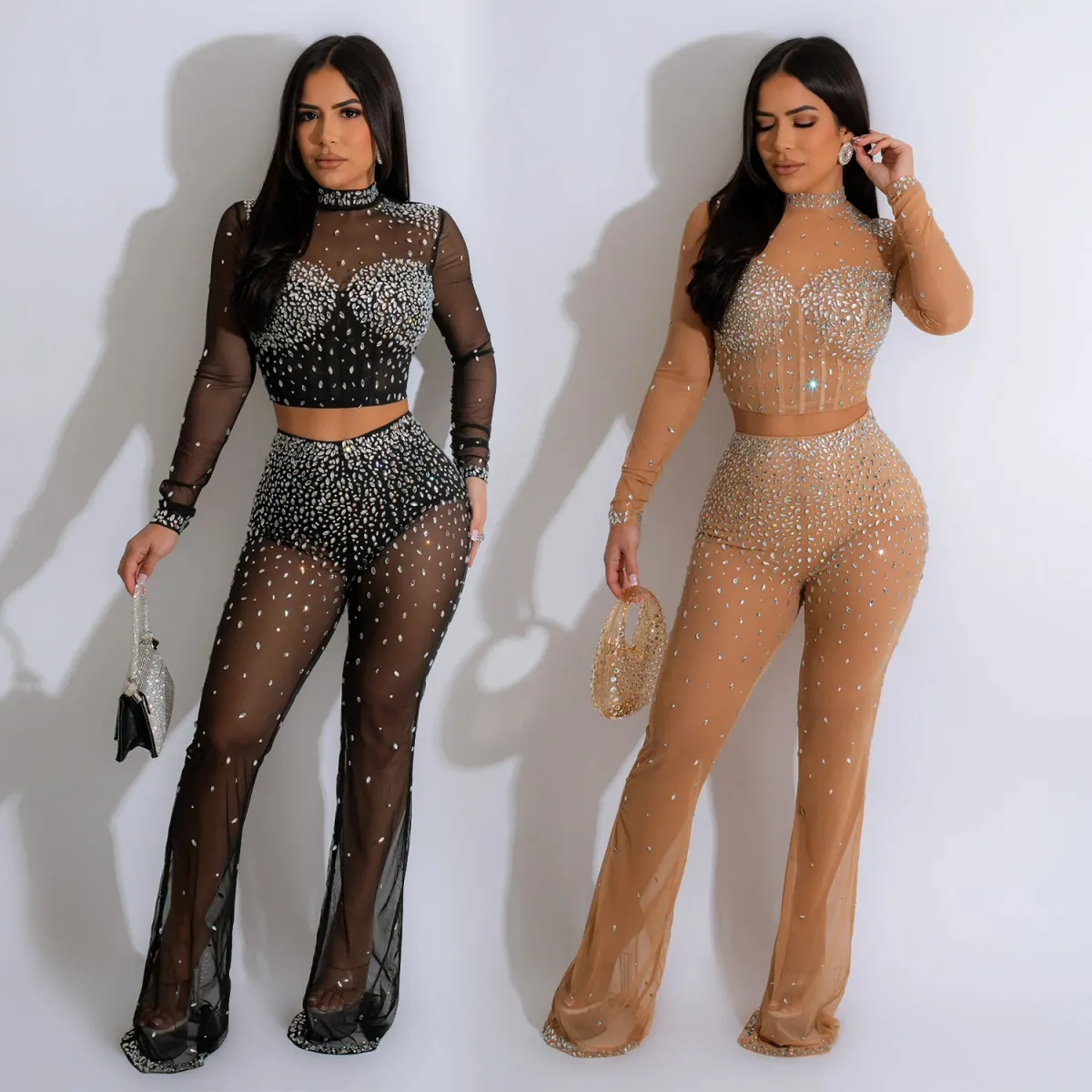 Women Fashion Sexy Mesh Perspective Long Sleeve Top Pants Two-Piece Set