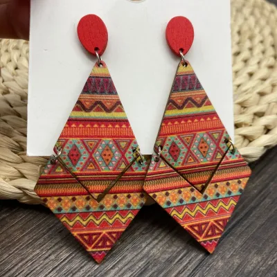 Bohemian Women Vintage Multicolor Wood Rhombus Earrings