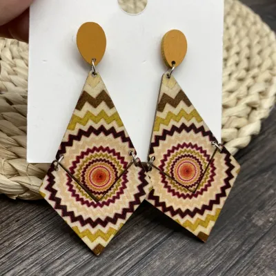 Bohemian Women Vintage Multicolor Wood Rhombus Earrings