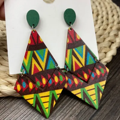 Bohemian Women Vintage Multicolor Wood Rhombus Earrings
